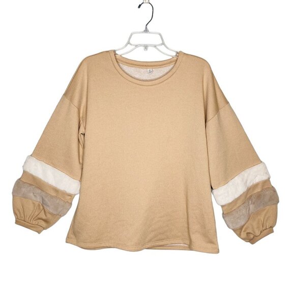 Tan Fur Trim Bubble Sleeve Sweater Sweatshirt - Picture 1 of 11